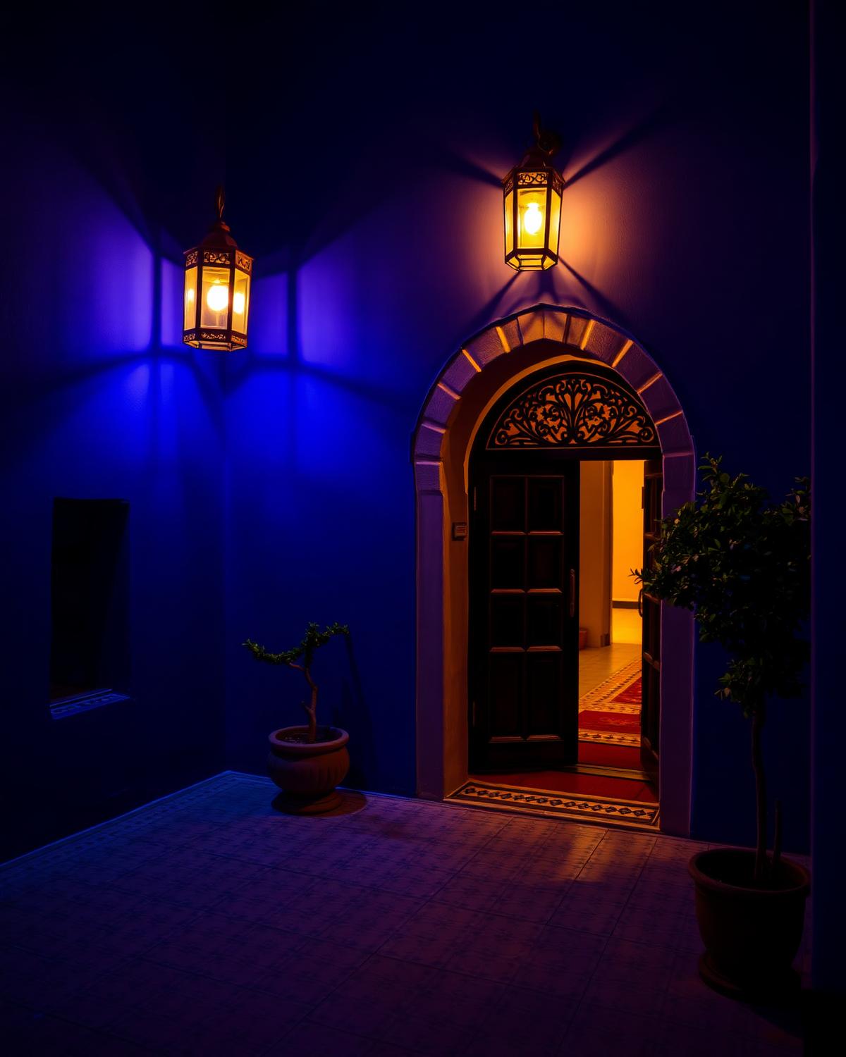Patio d'un riad marocain éclairé par des lanternes dorées à l'heure bleue
